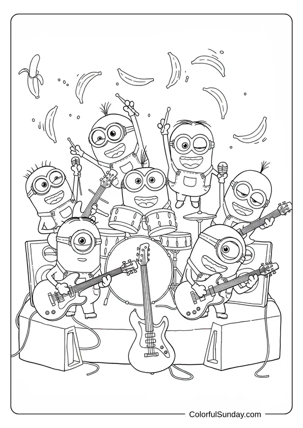 Minions playing electric guitars and drums surrounded by flying bananas in a rock concert coloring page.