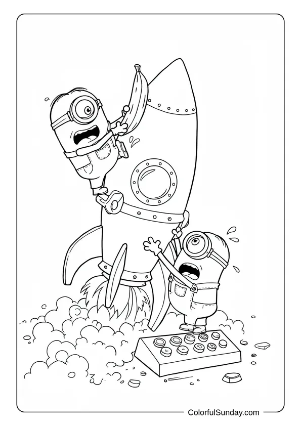 Two Minions testing a rocket launch as one clings to a banana in this fun Minions coloring page.