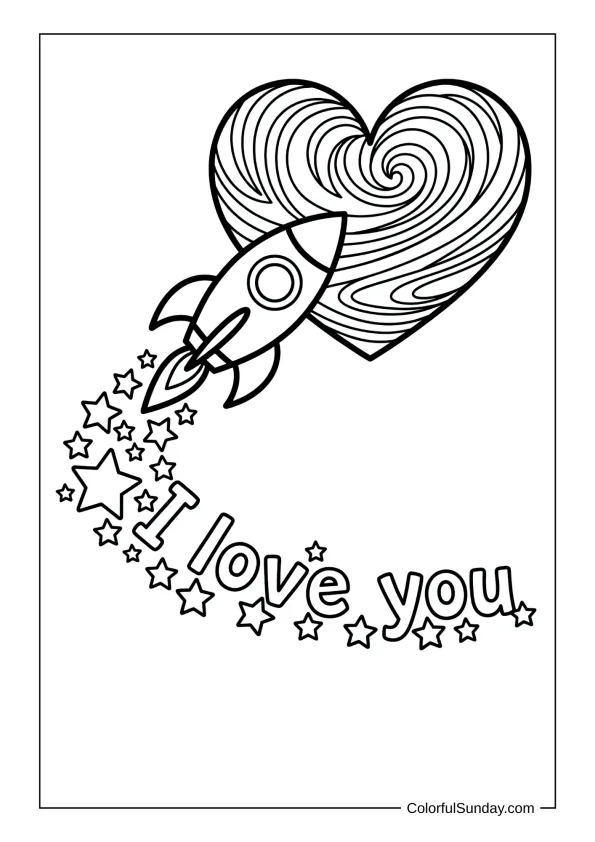Rocket flying toward a heart-shaped planet with a star trail spelling I love you in a cosmic coloring page.