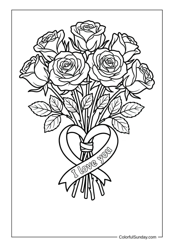 Bouquet of roses with heart-shaped ribbon carrying the words I love you in a coloring page.