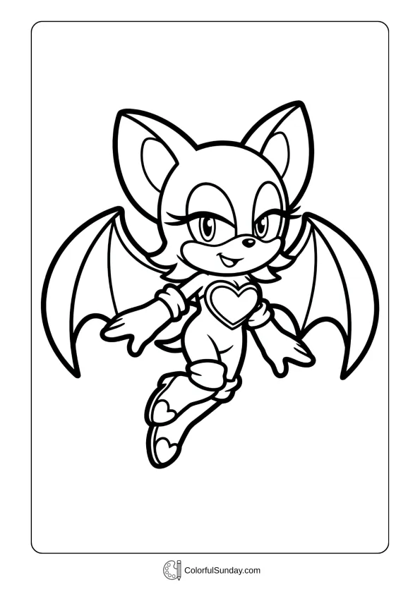 A coloring picture of Rouge the Bat from Sonic soaring gracefully with wings spread coloring page