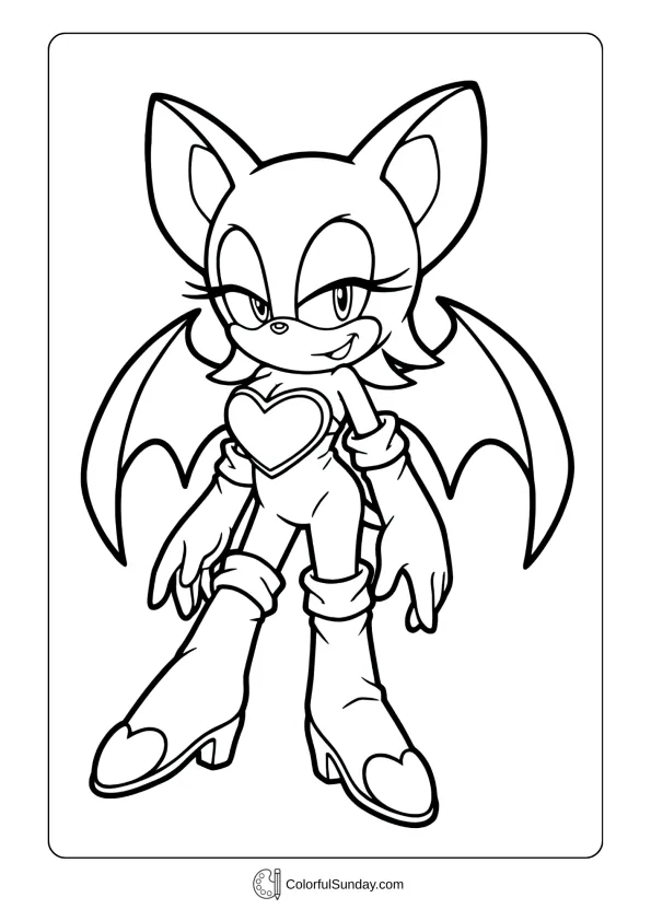 A coloring page of Rouge the Bat from Sonic posing confidently coloring page