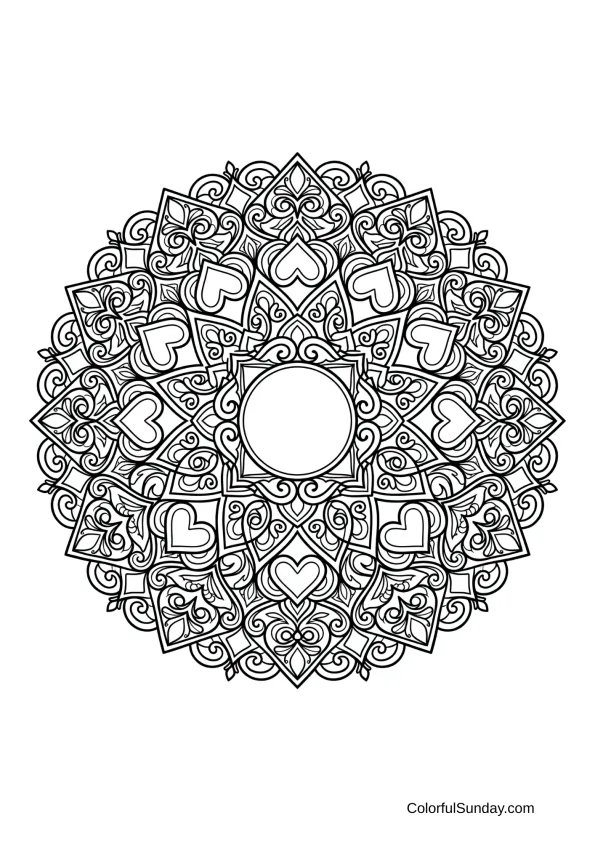 Full page heart mandala in a coloring page