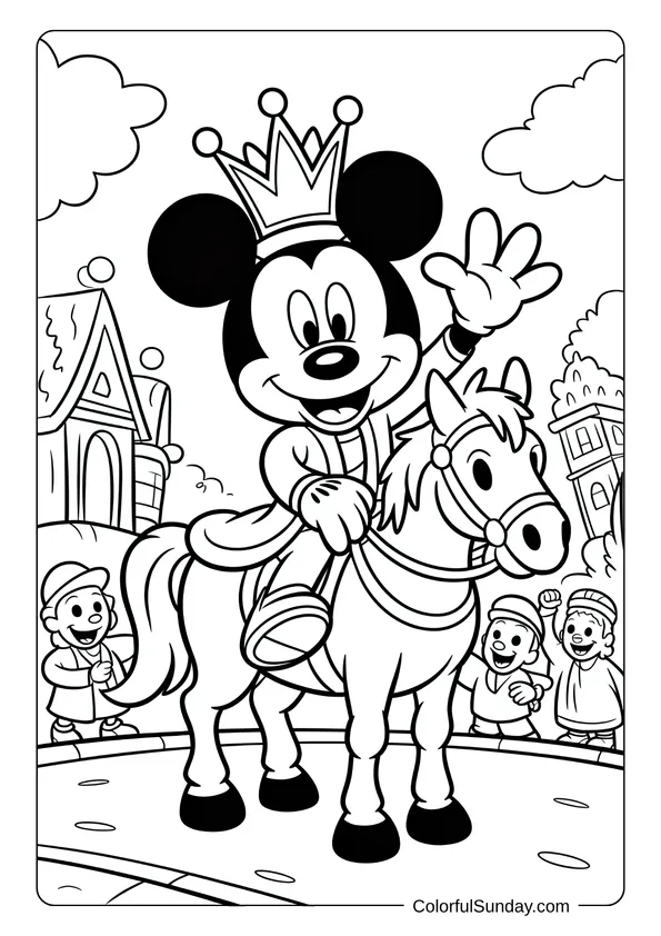 Pikachu From Pokemon Coloring Page A royal-themed coloring page with Mickey Mouse wearing a crown while riding a horse through a cheering crowd.