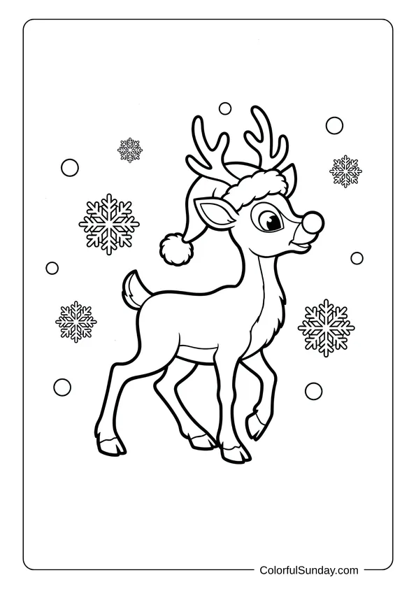 A coloring page of Rudolph the reindeer wearing a Santa hat while walking in the snow.