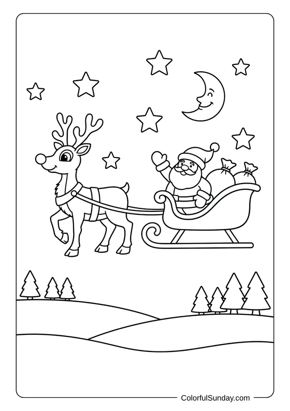 A coloring picture of Rudolph the reindeer pulling Santa's sleigh through the sky.