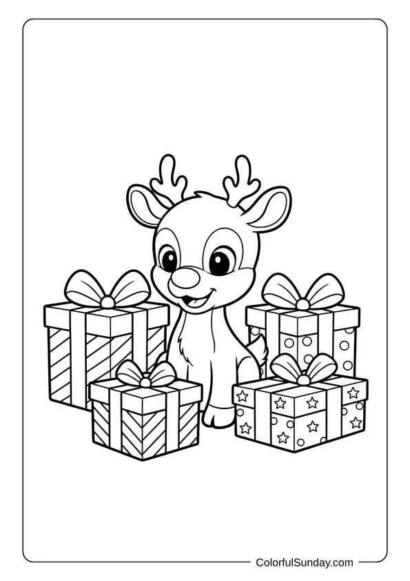 A coloring page of Rudolph the reindeer sitting among wrapped Christmas presents with bows.