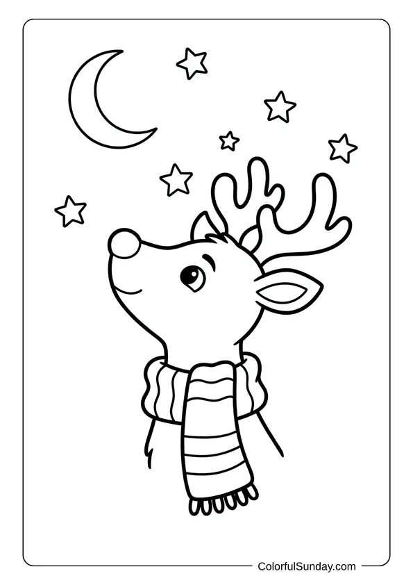 A coloring page of Rudolph the reindeer looking up at stars and moon in the night sky.