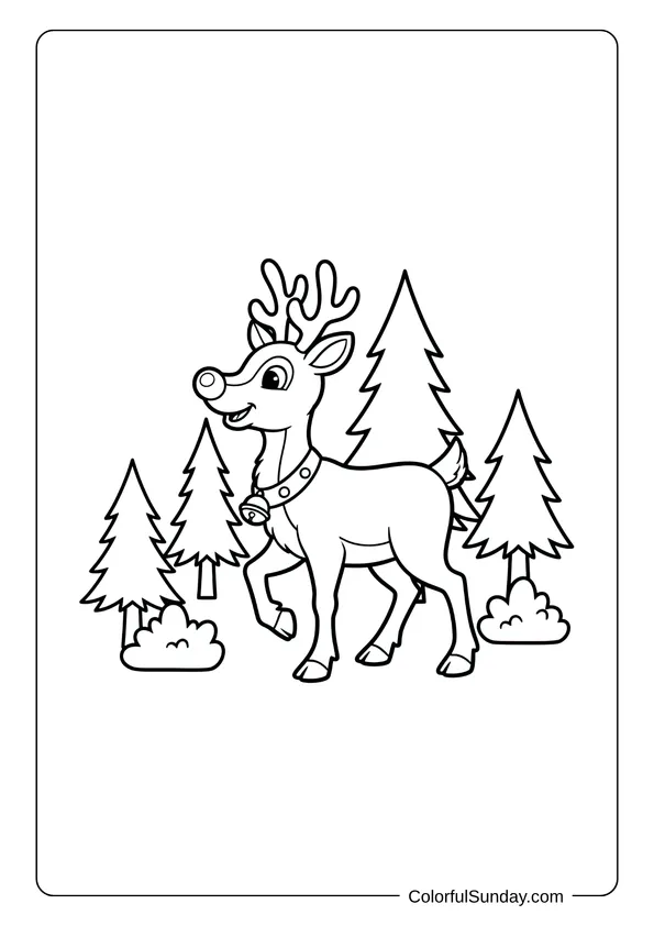 A coloring page for kids of Rudolph the reindeer walking through a forest with pine trees.