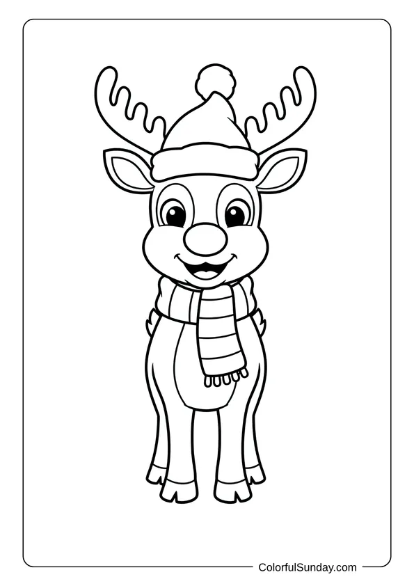 A coloring page of Rudolph the reindeer wearing a Santa hat and warm scarf.