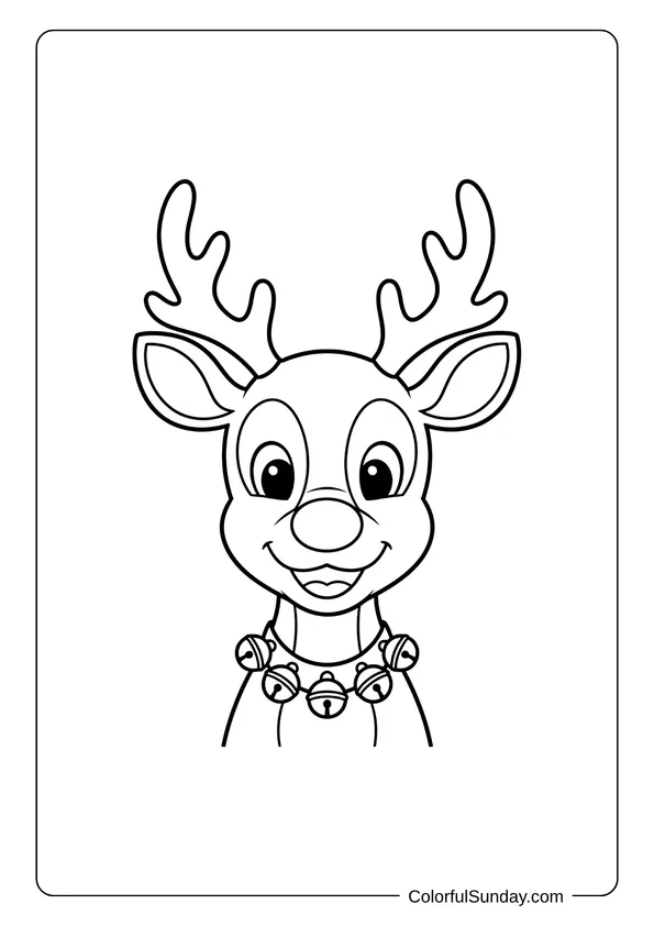 A coloring sheet of Rudolph the reindeer wearing a collar decorated with jingle bells.