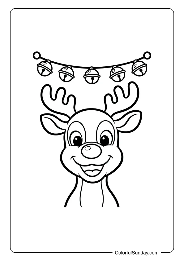 A coloring page for kids of Rudolph the reindeer with jingle bells hanging above his head.