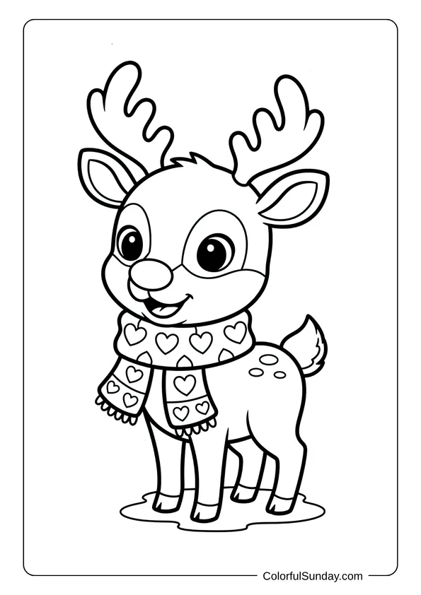 A coloring sheet for kids of Rudolph the reindeer wearing a scarf with heart patterns.