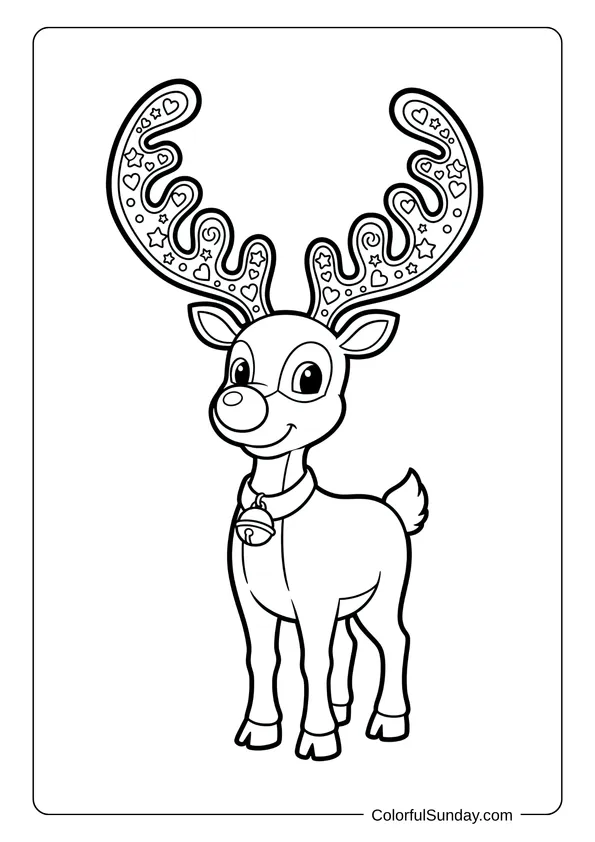A coloring picture of Rudolph the reindeer with very large decorative antlers standing proudly.
