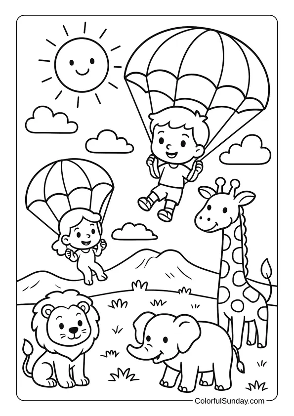 Two kids parachute into a sunny savanna with a giraffe, lion, and elephant on the ground.