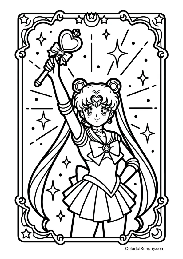Sailor Moon with heart wand in a coloring page