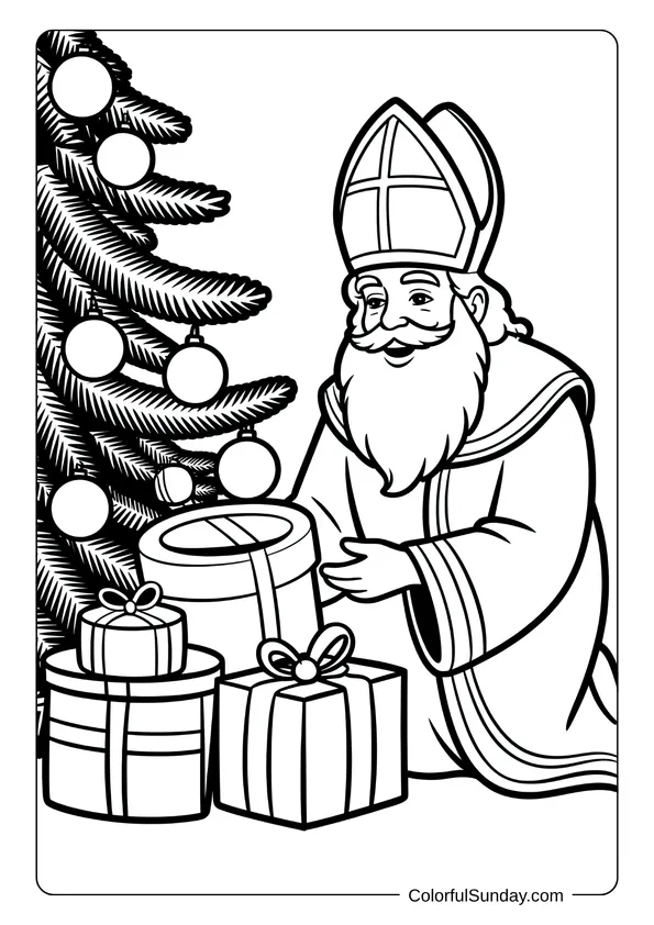 Saint Nicholas placing wrapped gifts under a Christmas tree, shown in a holiday-themed coloring page.