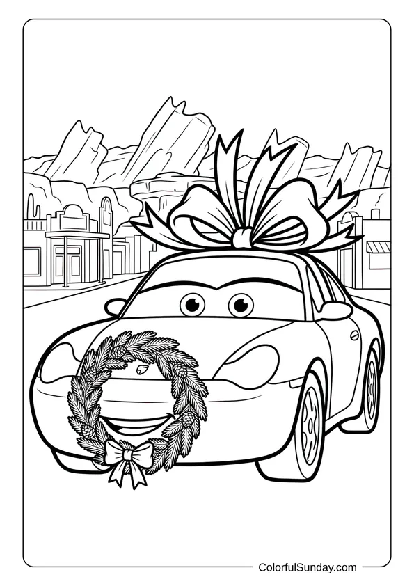 Coloring page featuring Sally decorated for Disney Christmas with a wreath and a large gift bow on his roof.