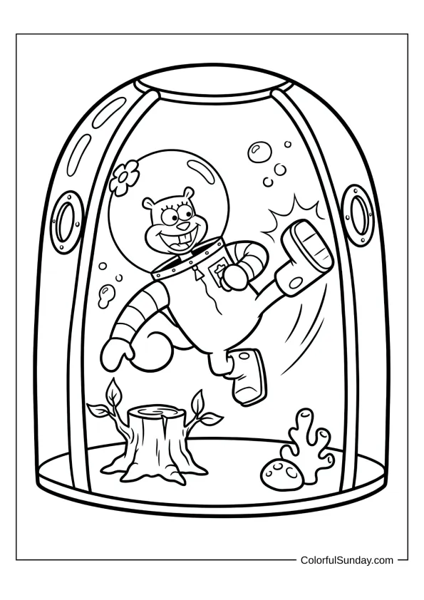 Sandy the squirrel doing a karate kick in her air suit coloring page