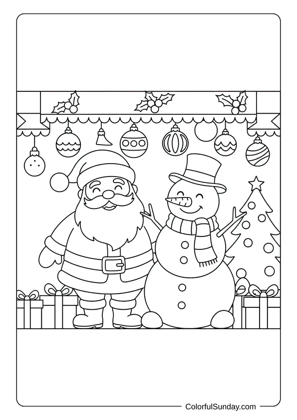 A coloring page of Santa with a snowman under a greeting banner in a holiday scene.