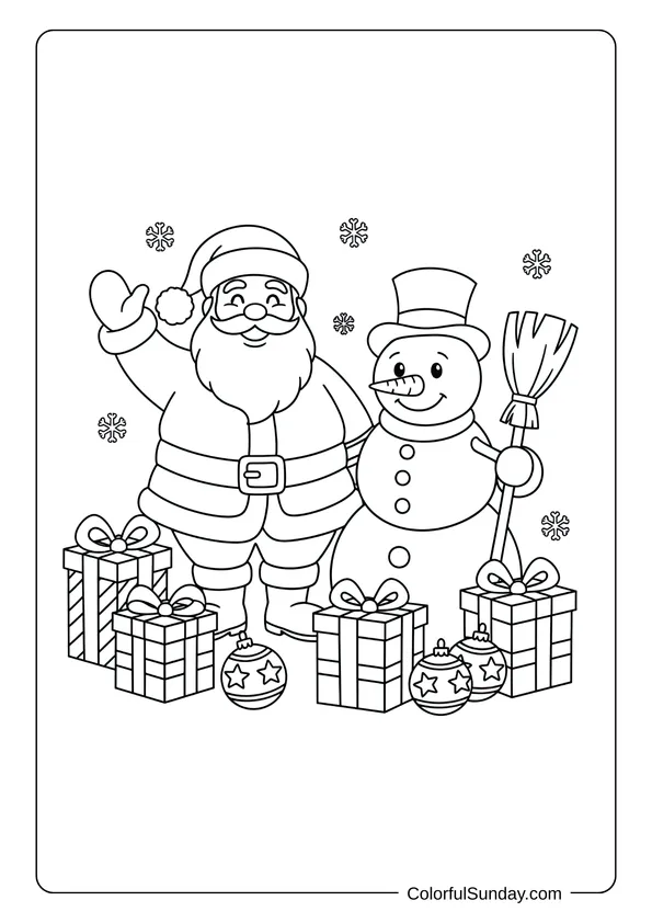 A coloring page of Santa and a snowman together with presents in a festive scene.