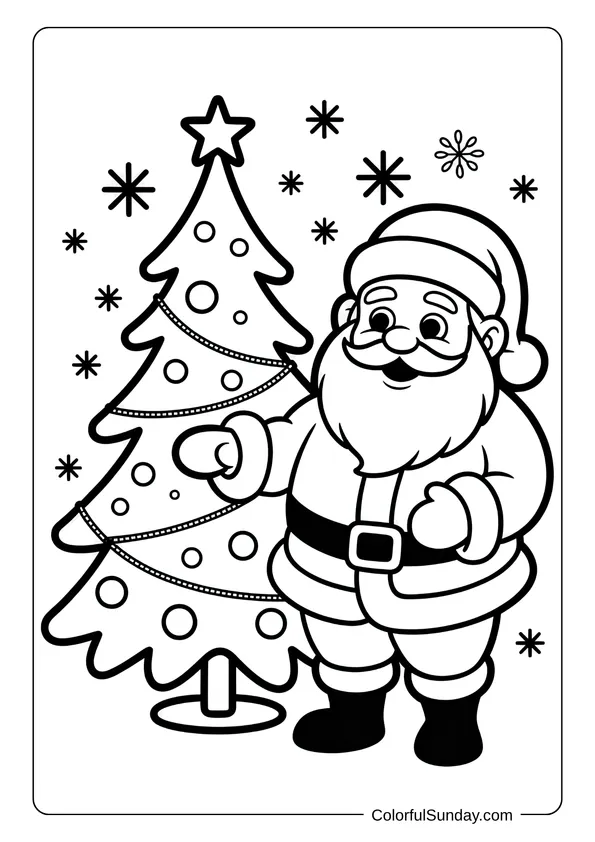 Santa Claus standing beside a decorated Christmas tree filled with ornaments and stars in a holiday coloring page.
