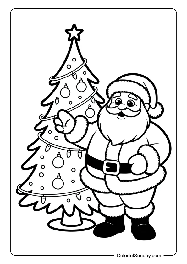 Santa standing proudly next to a decorated Christmas tree with ornaments and lights, shown in a coloring page.