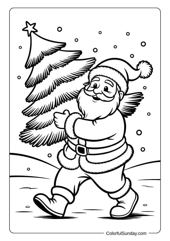 Santa Claus walking through falling snow while carrying a large Christmas tree in a festive coloring page.