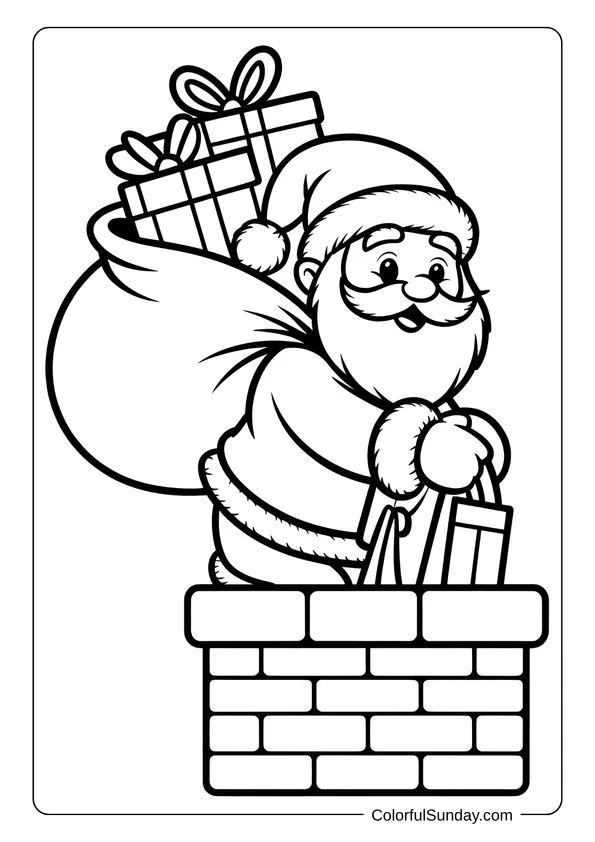 Santa Claus climbing into a brick chimney while carrying a large sack of presents in a fun coloring page.