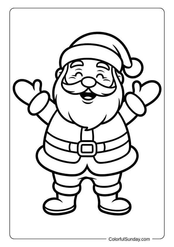 Santa Claus smiling with open arms, ready to spread Christmas cheer, in a happy holiday coloring page.