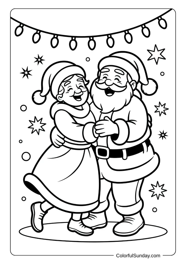 Santa and Mrs. Claus dancing happily under Christmas lights in a joyful holiday coloring page.