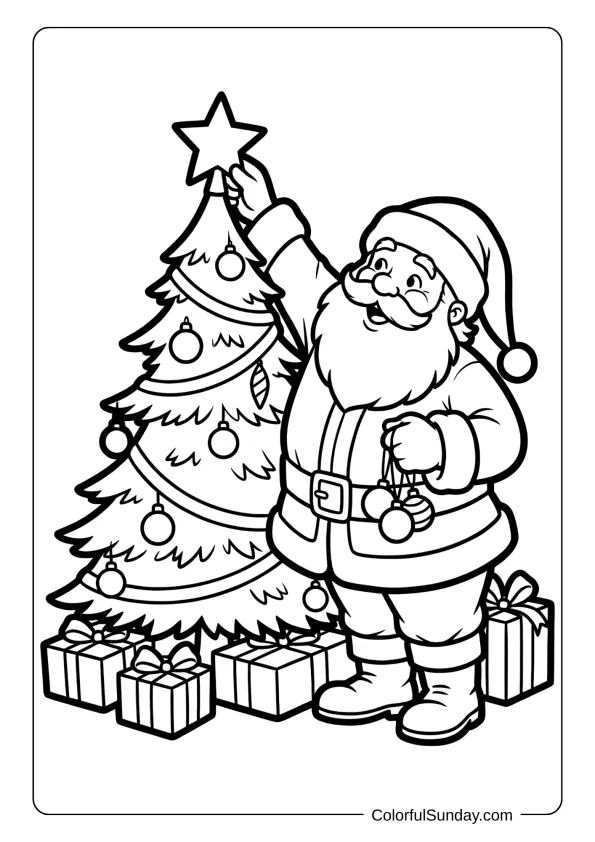 Santa Claus placing ornaments and a star on top of a coloring page Christmas tree