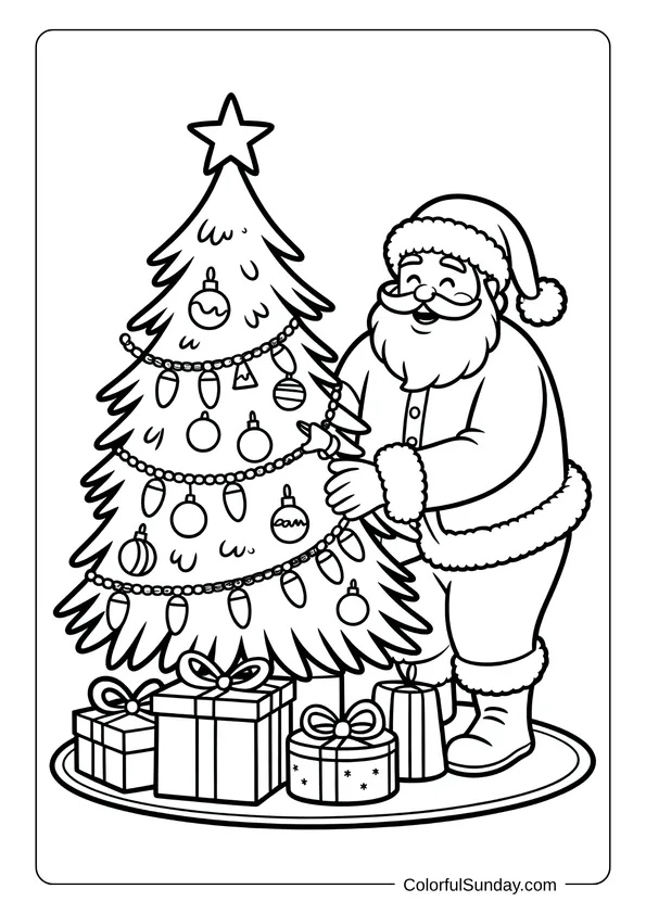 Santa Claus decorating a Christmas tree with ornaments and garlands, shown in a cozy indoor coloring page.