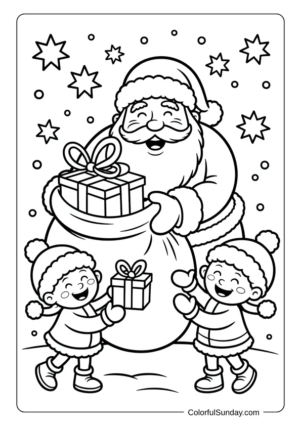 A smiling Santa giving gifts to two joyful children surrounded by stars in a Christmas coloring page.