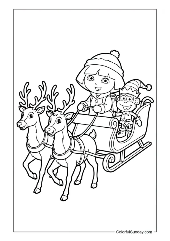 Dora driving a sleigh with reindeer and Boots as an elf in this Dora the Explorer coloring page.