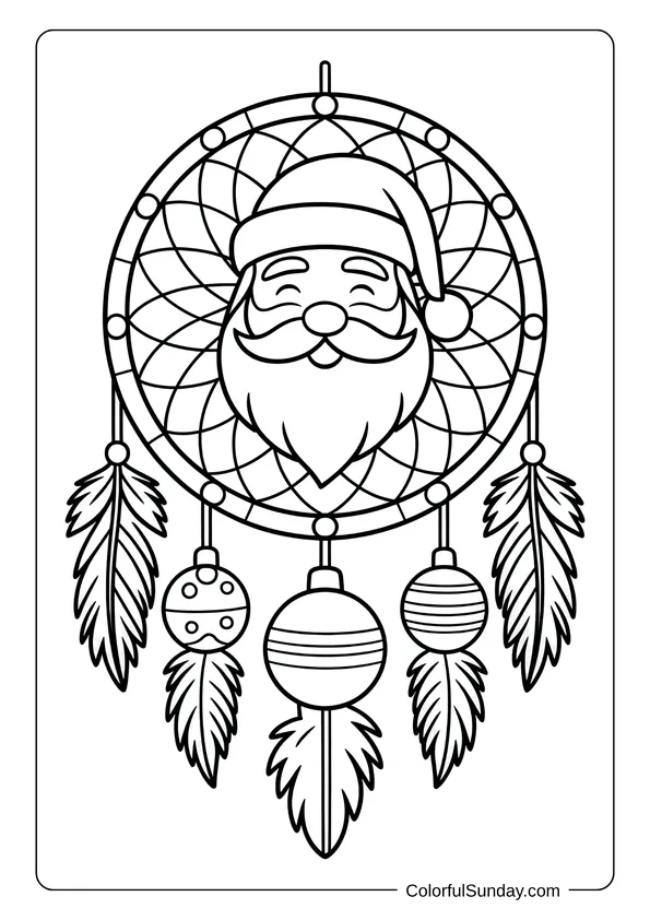 Dreamcatcher decorated with feathers and ornaments featuring Santa Claus at the center, in a creative holiday coloring page.