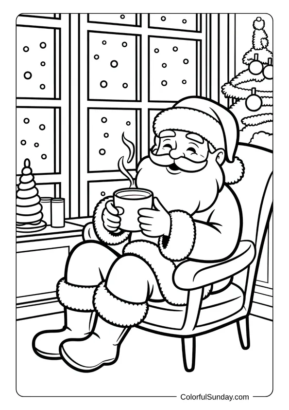 Santa relaxing in a cozy chair by the window drinking hot cocoa as snow falls outside, shown in a Christmas coloring page.