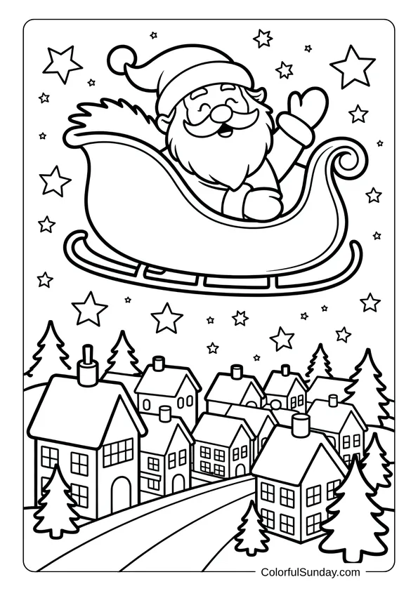 Santa Claus waves from his sleigh as it flies over a sleepy town, depicted in this festive coloring page.