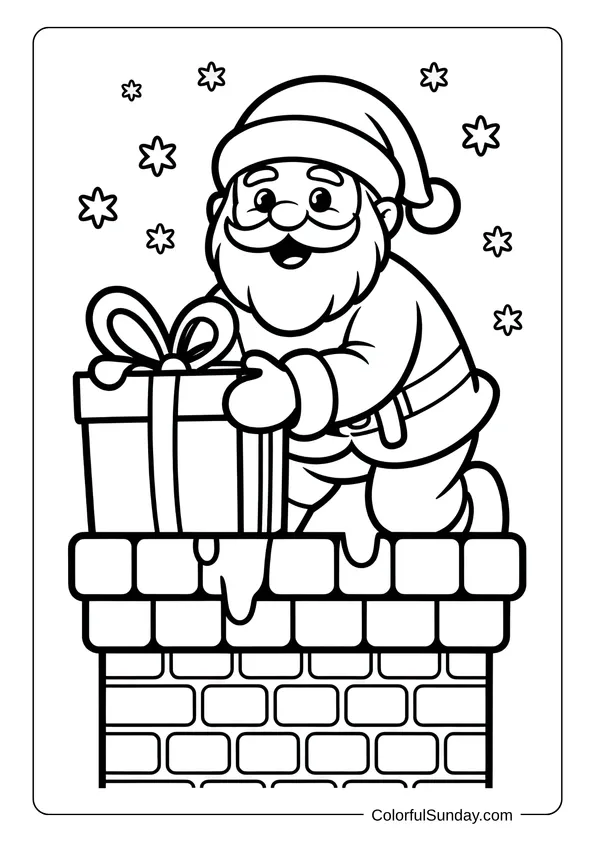 Coloring page of Santa Claus kneeling on a brick chimney while delivering a large gift wrapped with a bow.