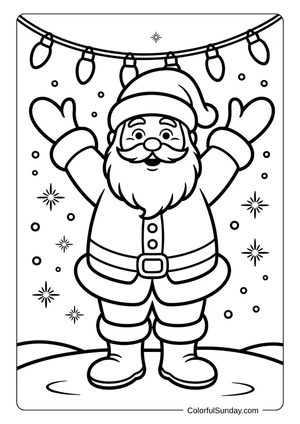 Smiling Santa standing under hanging Christmas lights with snowflakes falling in a winter-themed coloring page.