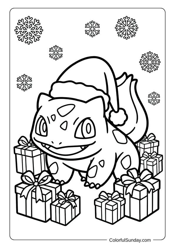 A coloring page featuring Bulbasaur wearing a jolly Santa hat surrounded by wrapped gifts and snowflakes.