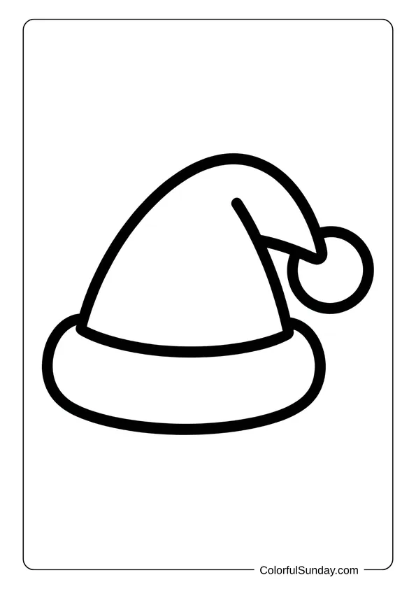 Coloring page of a Santa hat with a fluffy pom-pom and wide brim, drawn in a simple festive style.