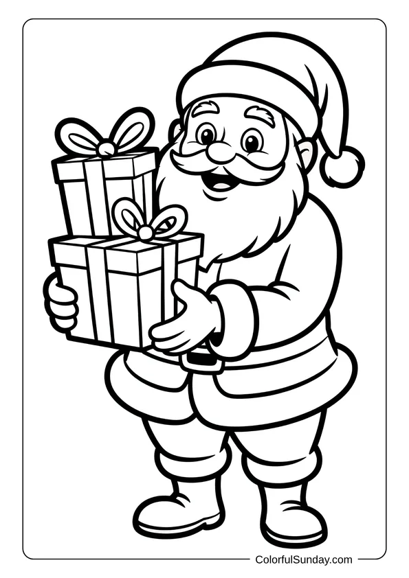 Santa Claus carrying a stack of presents wrapped with bows, captured in a holiday coloring page.