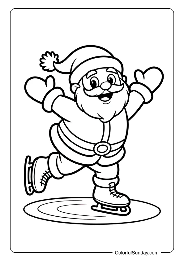 Coloring page of Santa Claus ice skating joyfully with one leg raised on a frozen pond.