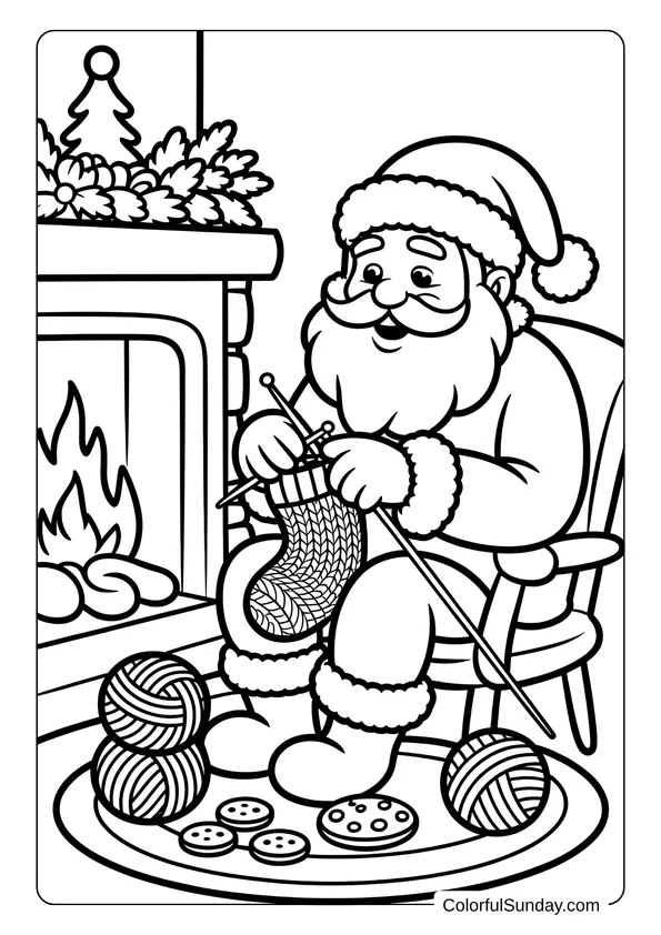 Cozy coloring page showing Santa knitting a Christmas stocking by the fireplace with yarn and cookies beside him.