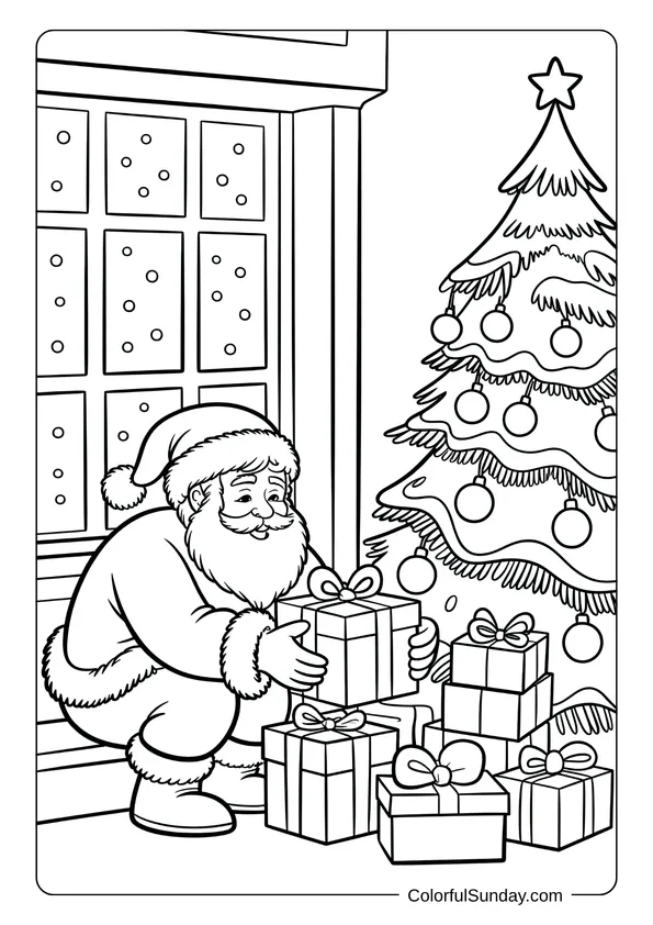 Santa kneeling to place gifts under a Christmas tree while snow falls outside the window, in a winter coloring page.