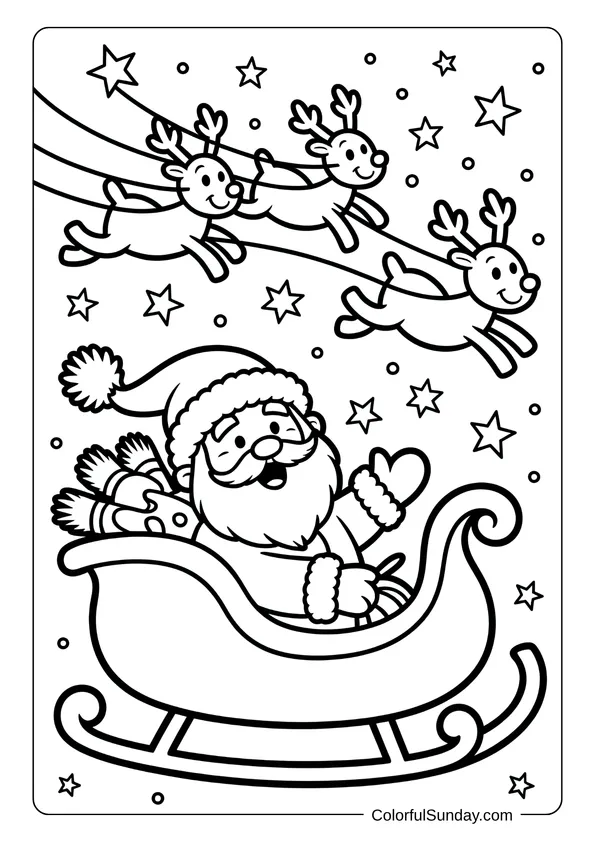 Santa Claus flying through the night sky with three smiling reindeer pulling his sleigh in a fun Christmas coloring page.