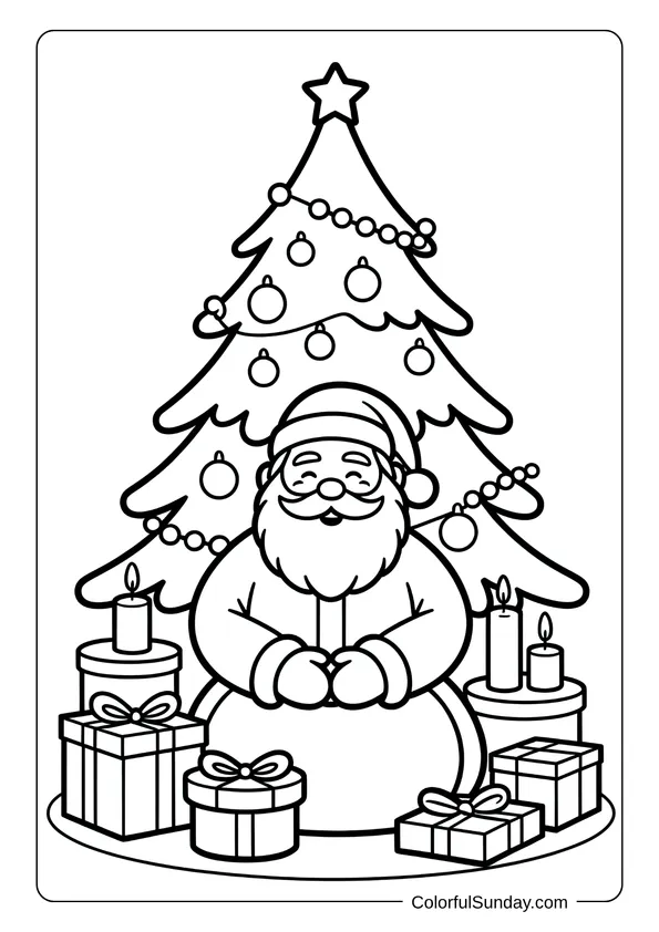 Smiling Santa sitting peacefully under a Christmas tree surrounded by candles and presents in a cozy coloring page.