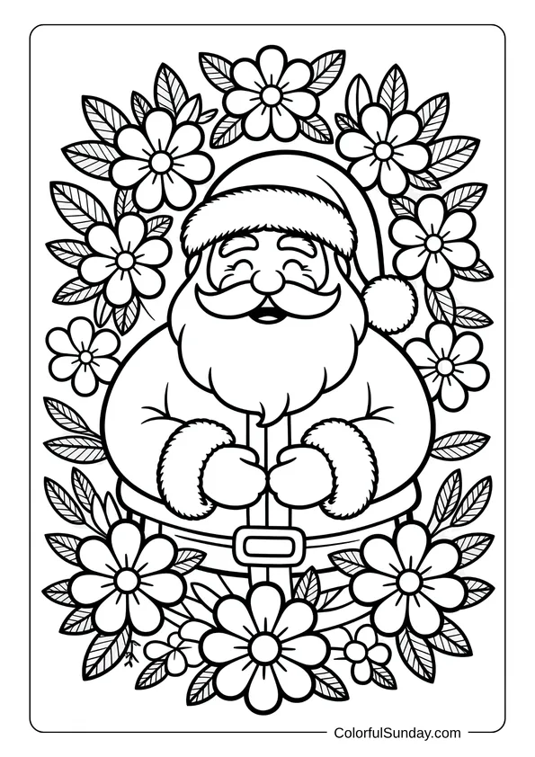 Coloring page showing Santa Claus surrounded by large blooming flowers and leaves in a festive design.