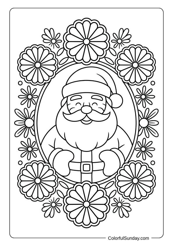 Santa Claus surrounded by large mandala-style flowers, ideal for a detailed festive coloring page.